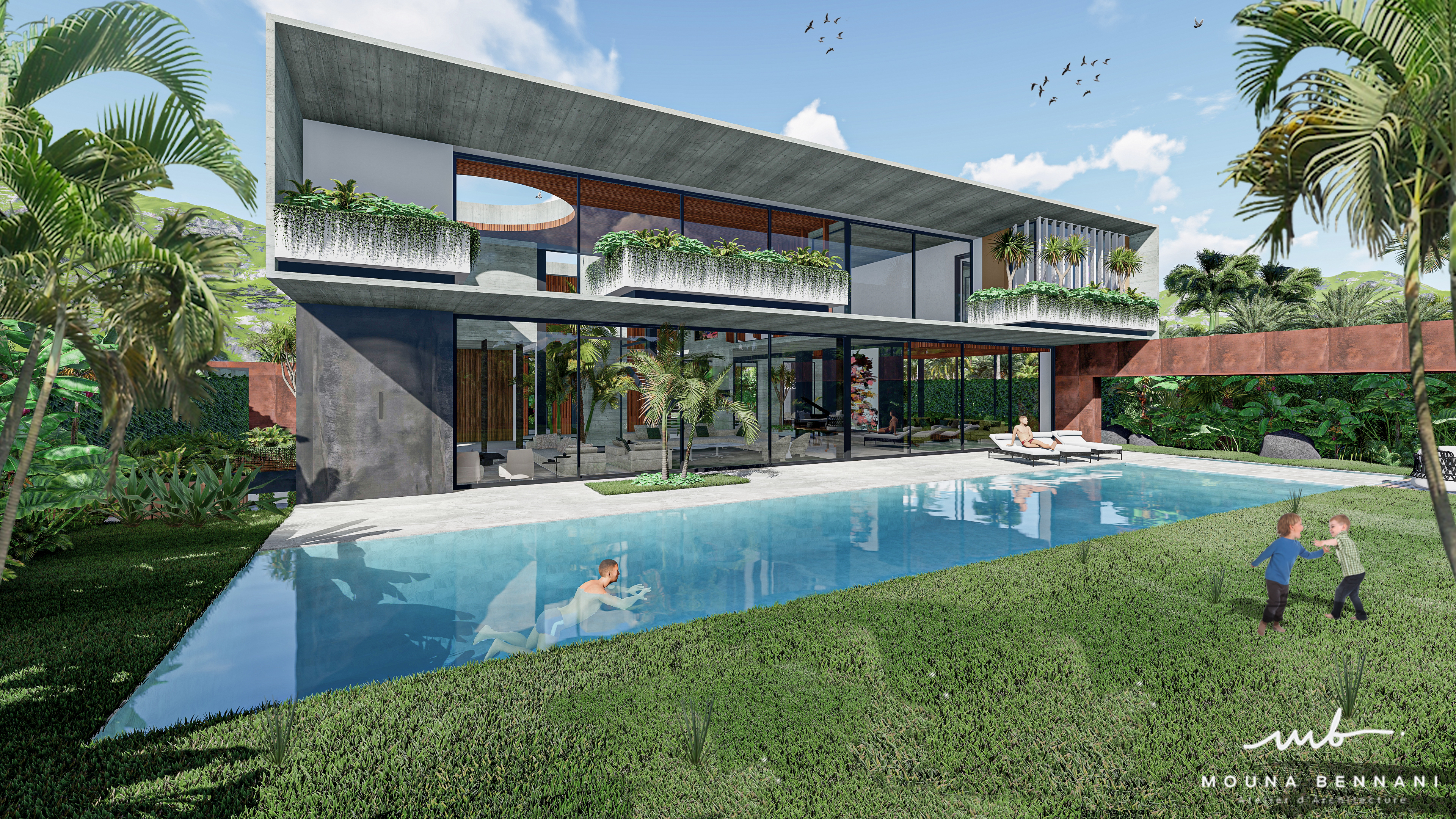 Villa contemporaine piscine béton brut façade vitrée Casablanca À