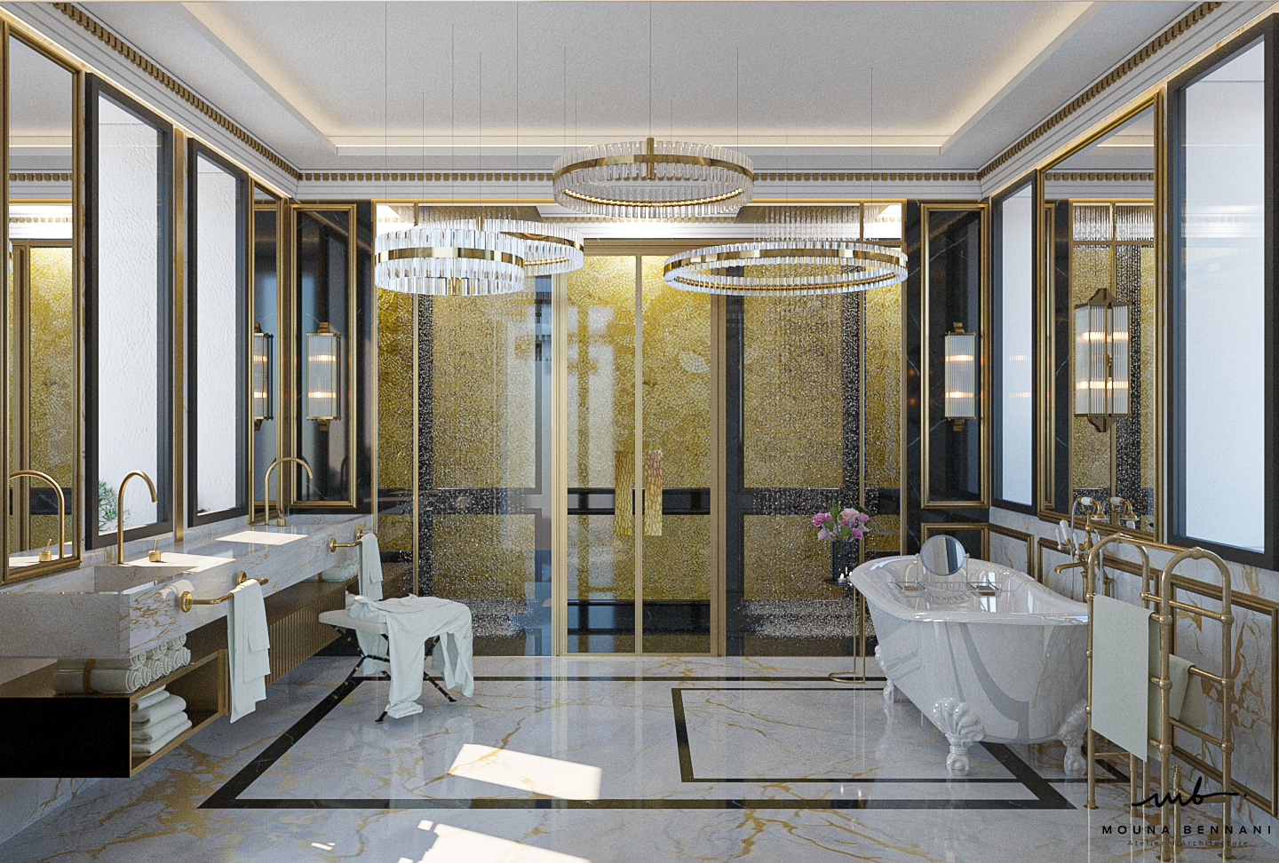 Salle de bain parentale marbre Villa Celia — Atelier Mouna Bennani
