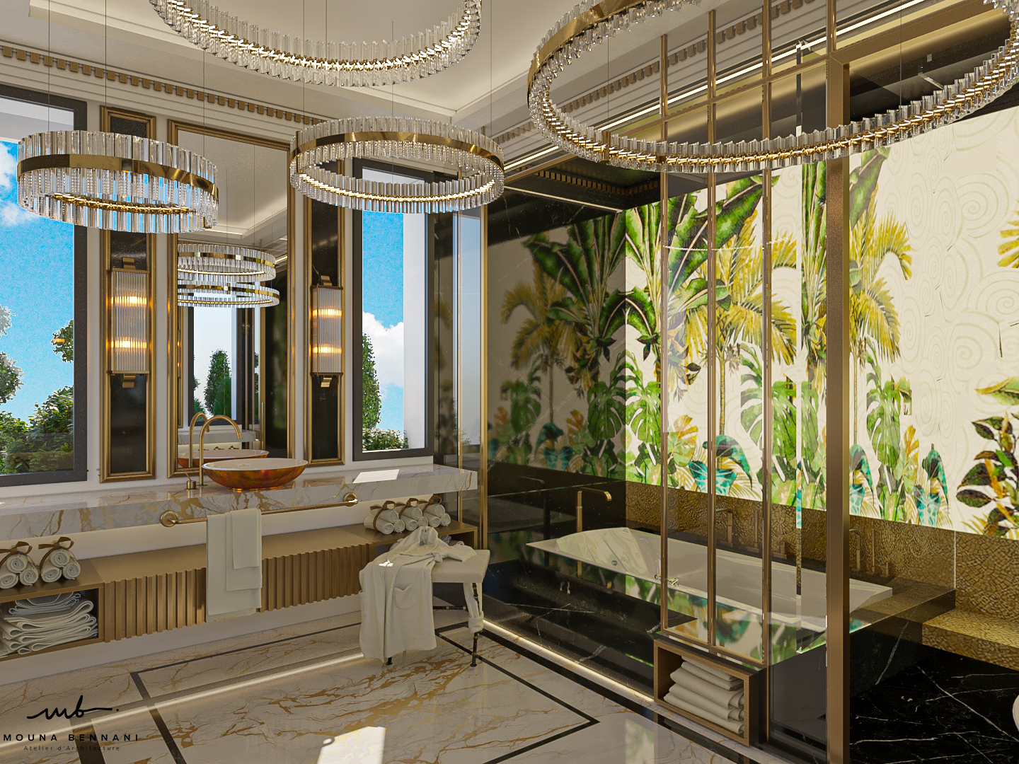 Salle de bain parentale finitions luxe Villa Celia — Atelier Mouna Bennani