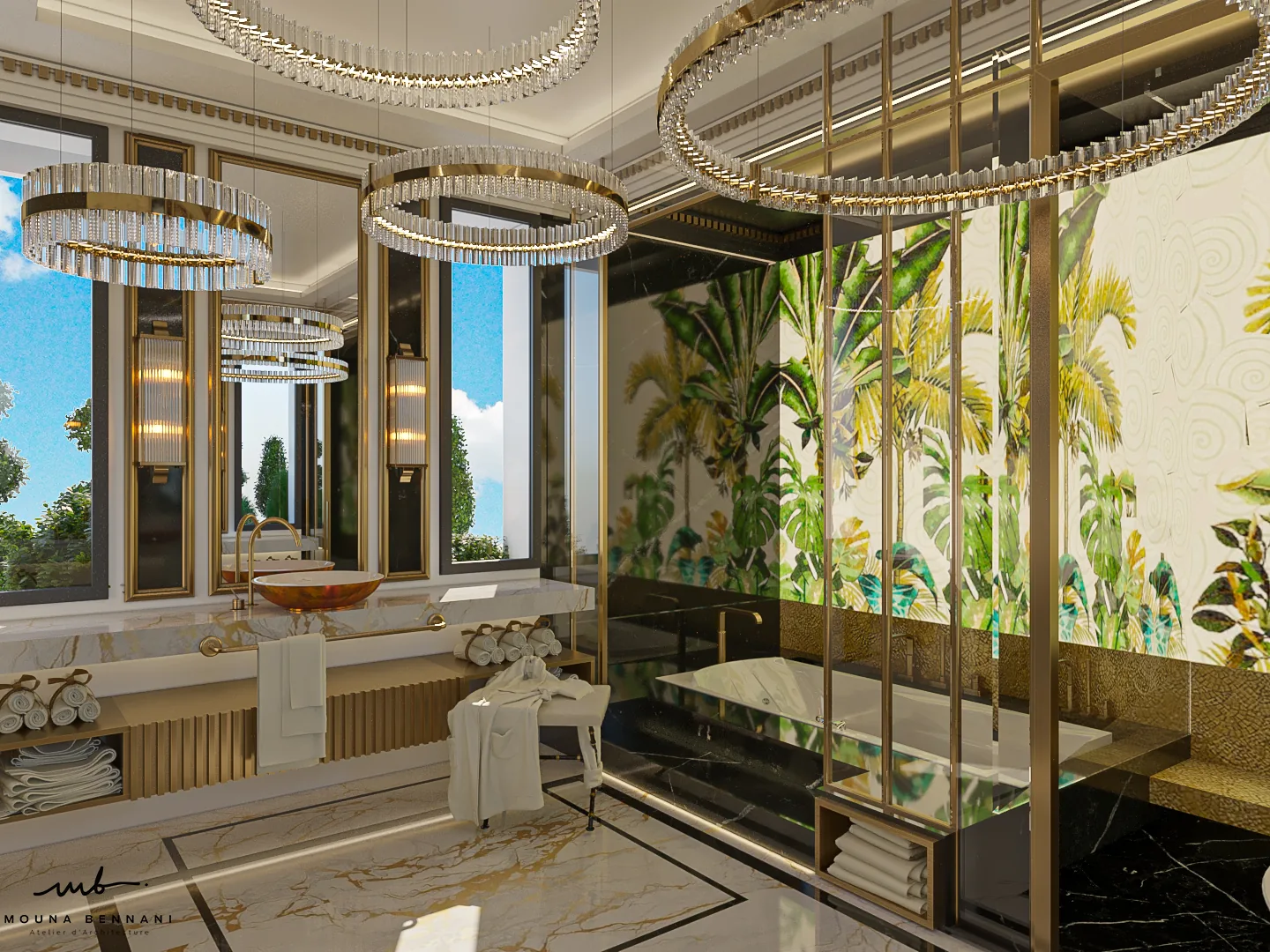 Salle de bain parentale finitions luxe Villa Celia — Atelier Mouna Bennani
