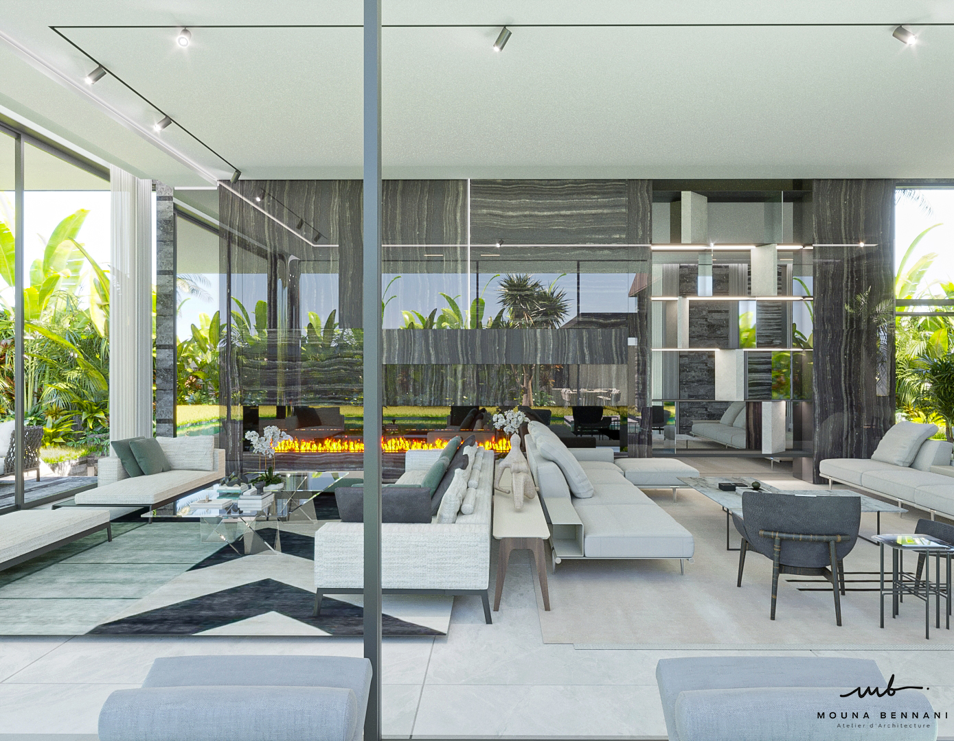 Vue panoramique intérieur villa luxe aménagement Casablanca — Atelier Mouna Bennani