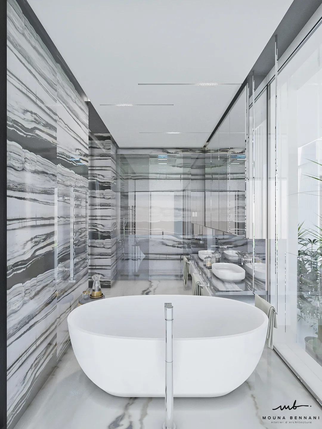 Vue finale villa haut de gamme design intérieur luxe Casablanca 2024 — Atelier Mouna Bennani